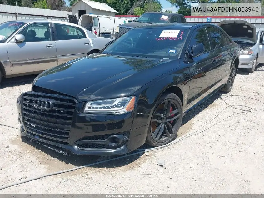 2017 Audi A8 L 4.0T Sport VIN: WAU43AFD0HN003940 Lot: 42245217