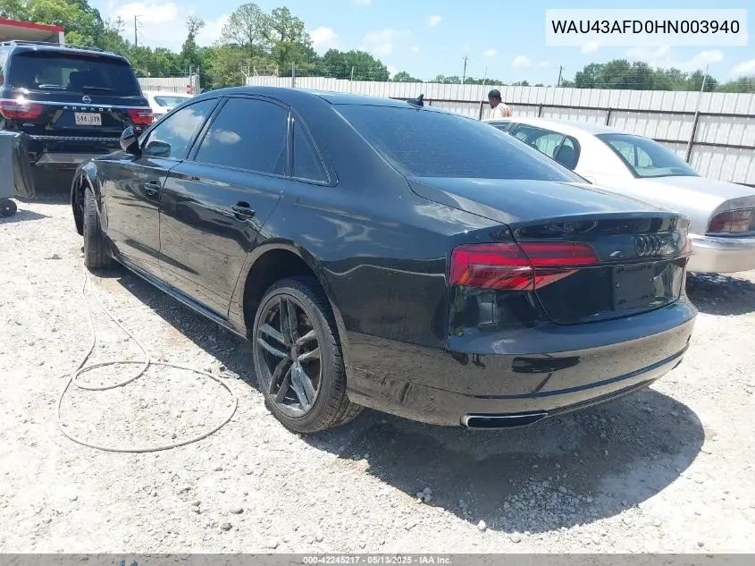 2017 Audi A8 L 4.0T Sport VIN: WAU43AFD0HN003940 Lot: 42245217