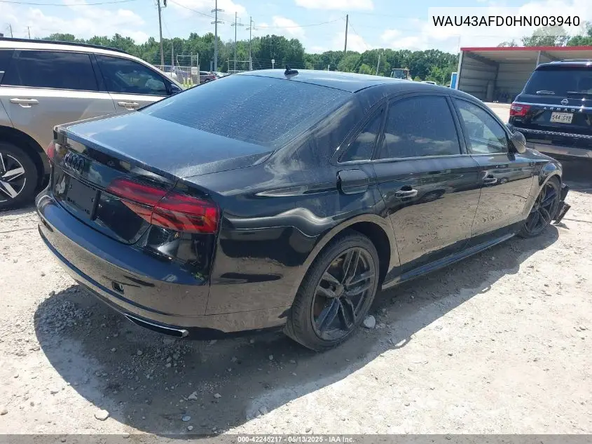 2017 Audi A8 L 4.0T Sport VIN: WAU43AFD0HN003940 Lot: 42245217