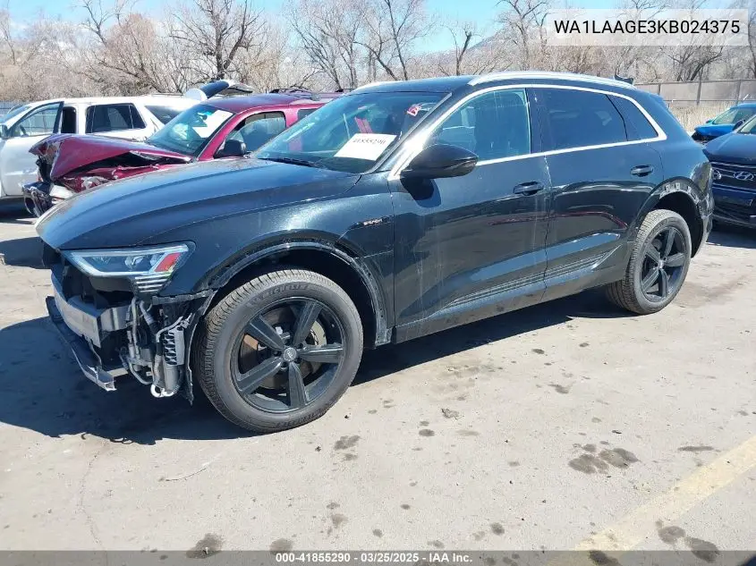 2019 Audi E-Tron Premium Plus VIN: WA1LAAGE3KB024375 Lot: 41855290