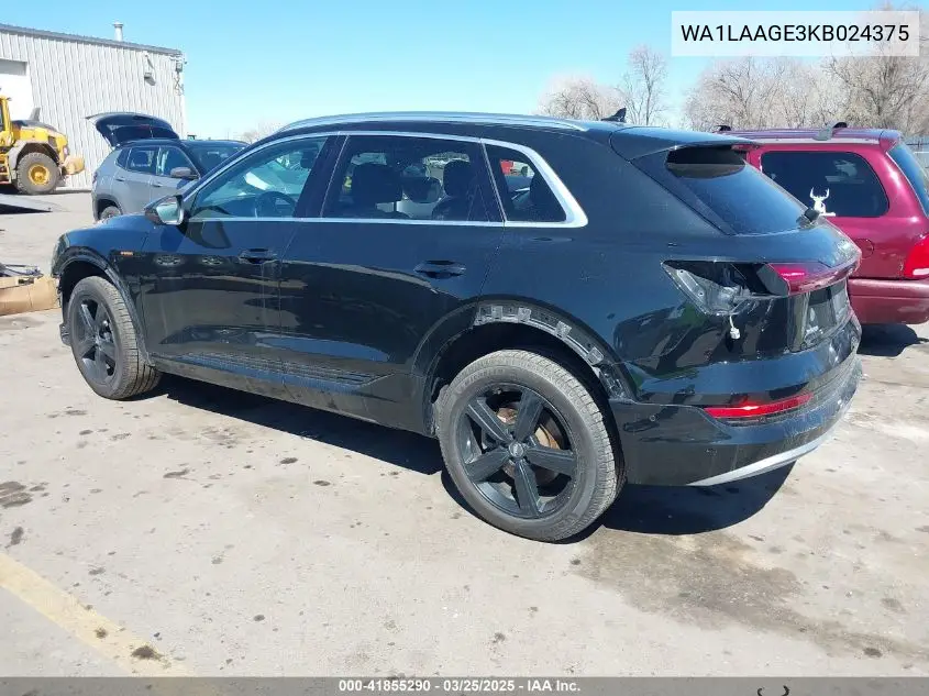 2019 Audi E-Tron Premium Plus VIN: WA1LAAGE3KB024375 Lot: 41855290
