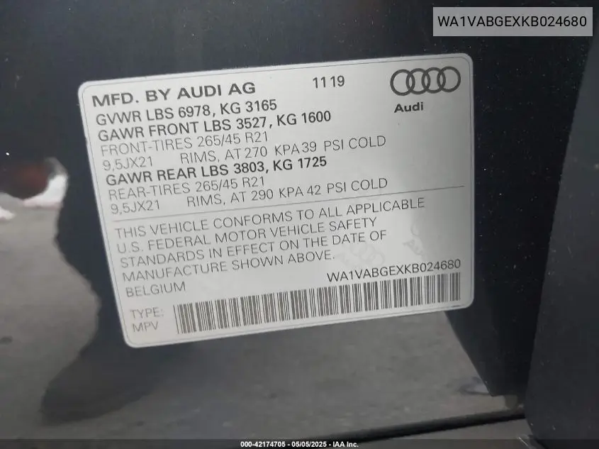 2019 Audi E-Tron Premium Plus VIN: WA1VABGEXKB024680 Lot: 42174705