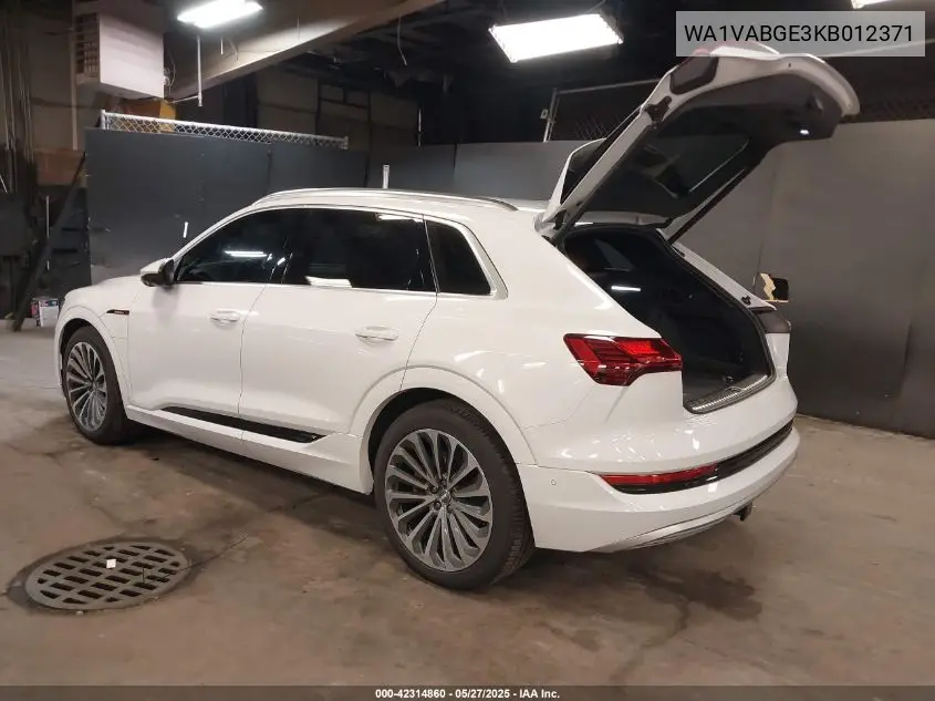 2019 Audi E-Tron Premium Plus VIN: WA1VABGE3KB012371 Lot: 42314860