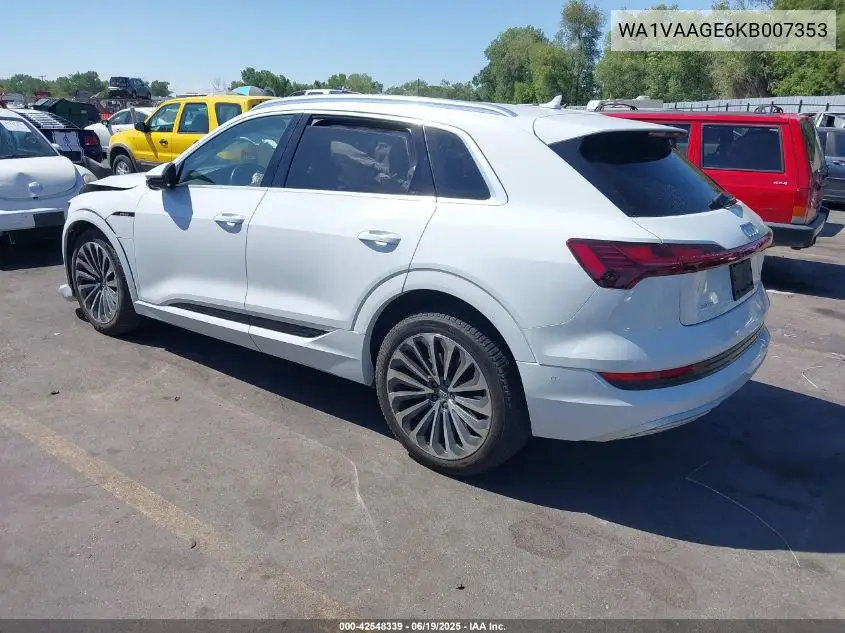 2019 Audi E-Tron Premium Plus VIN: WA1VAAGE6KB007353 Lot: 42548339