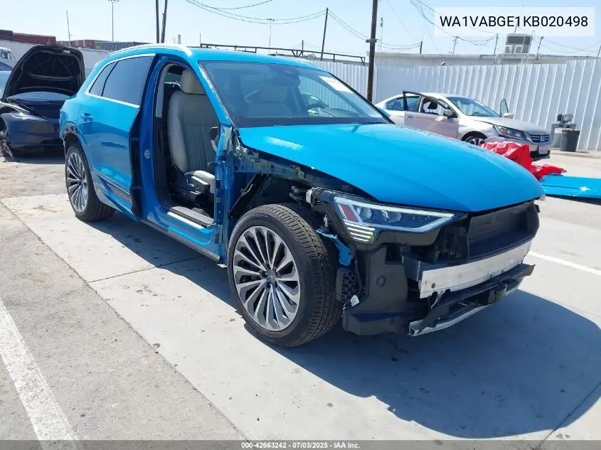 2019 Audi E-Tron Premium Plus VIN: WA1VABGE1KB020498 Lot: 42663242