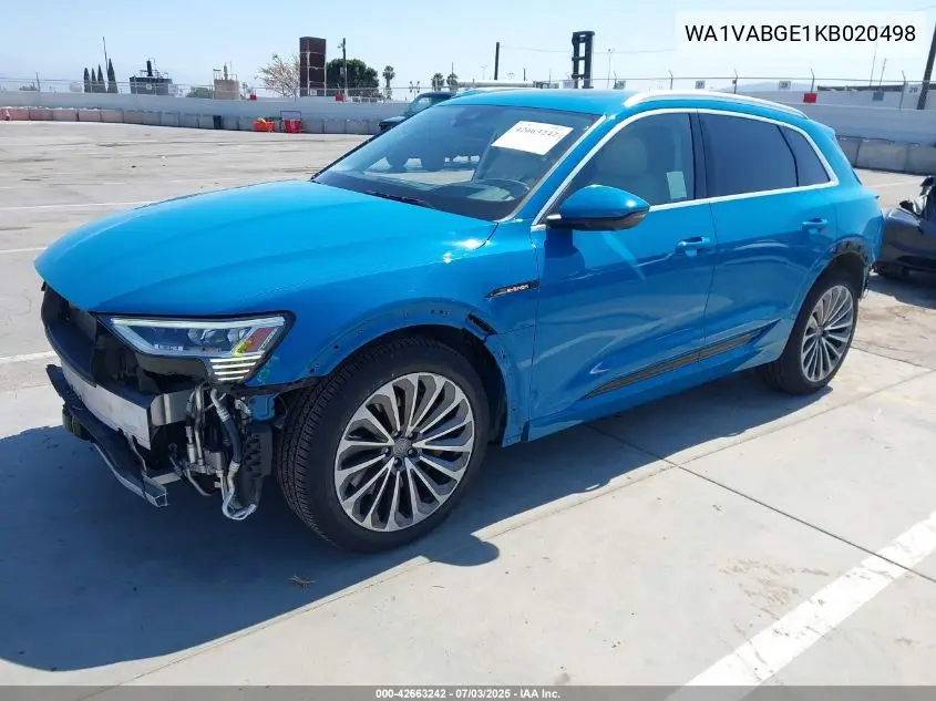 2019 Audi E-Tron Premium Plus VIN: WA1VABGE1KB020498 Lot: 42663242