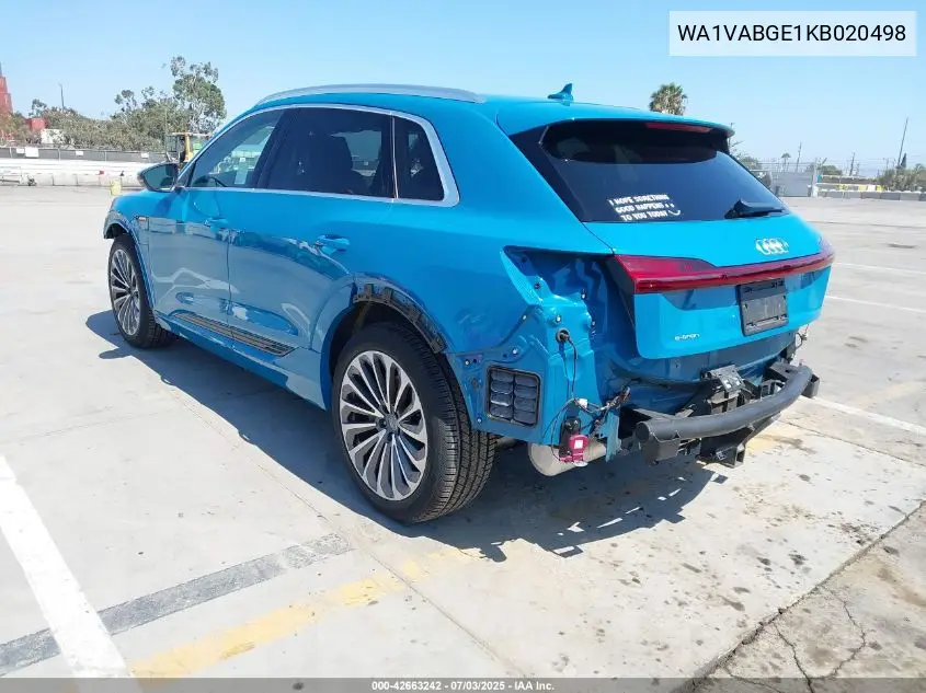 2019 Audi E-Tron Premium Plus VIN: WA1VABGE1KB020498 Lot: 42663242