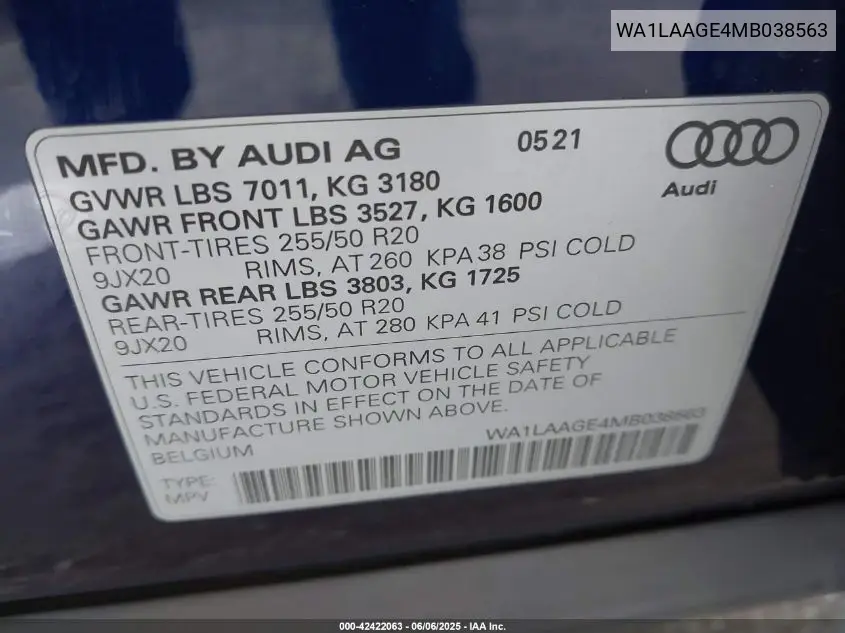 2021 Audi E-Tron Premium Plus Quattro VIN: WA1LAAGE4MB038563 Lot: 42422063