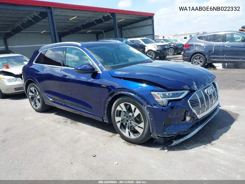 2022 Audi E-Tron Premium Quattro VIN: WA1AABGE6NB022332 Lot: 42500664