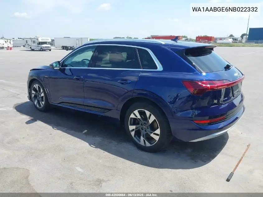 2022 Audi E-Tron Premium Quattro VIN: WA1AABGE6NB022332 Lot: 42500664