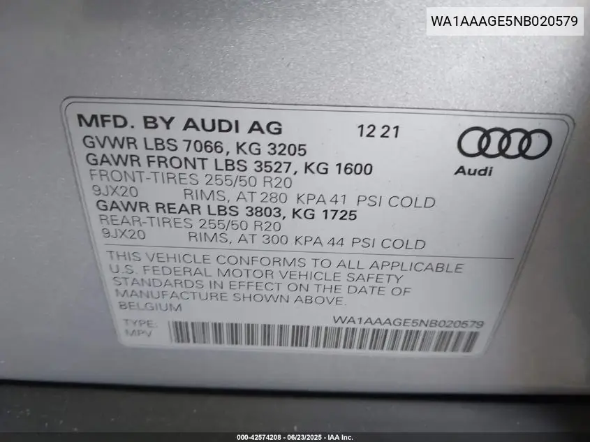 2022 Audi E-Tron Premium Quattro VIN: WA1AAAGE5NB020579 Lot: 42574208