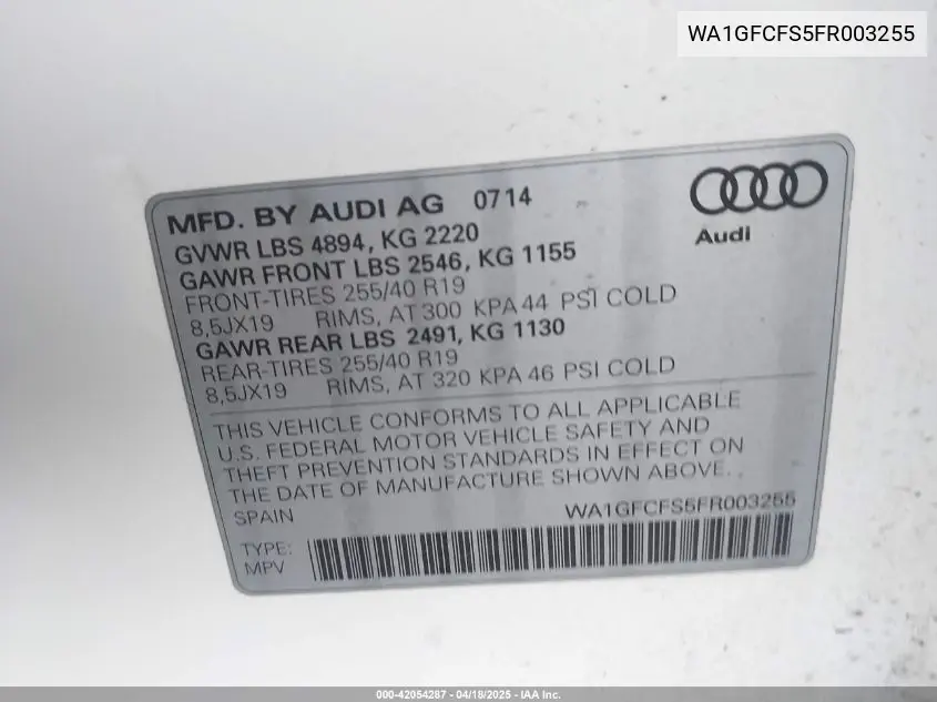 2015 Audi Q3 2.0T Premium Plus VIN: WA1GFCFS5FR003255 Lot: 42054287