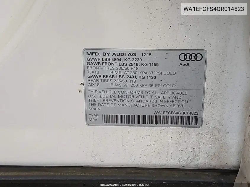 2016 Audi Q3 2.0T Premium Plus VIN: WA1EFCFS4GR014823 Lot: 42247906