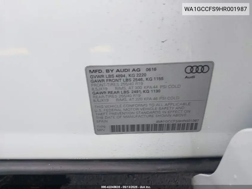 2017 Audi Q3 2.0T Premium VIN: WA1GCCFS9HR001987 Lot: 42245635