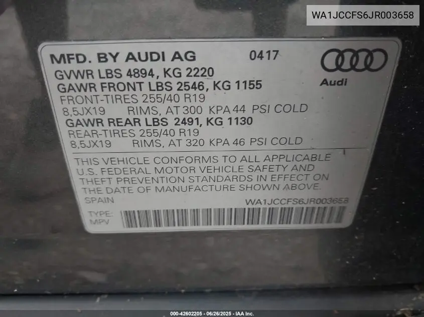 2018 Audi Q3 2.0T Premium/2.0T Sport Premium VIN: WA1JCCFS6JR003658 Lot: 42602205