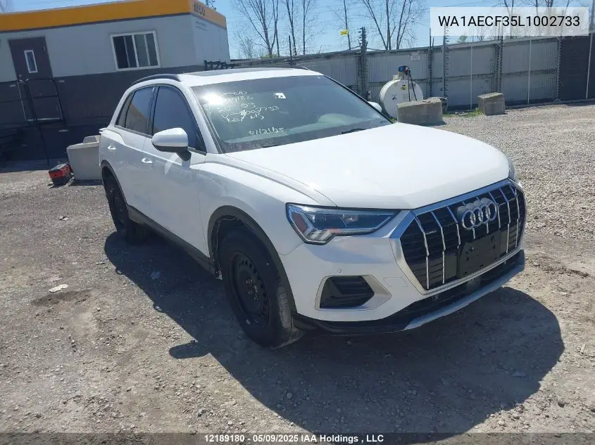2020 Audi Q3 VIN: WA1AECF35L1002733 Lot: 12189180