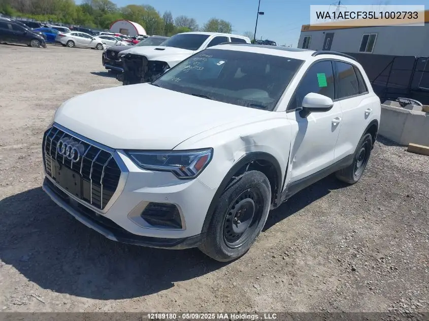 2020 Audi Q3 VIN: WA1AECF35L1002733 Lot: 12189180