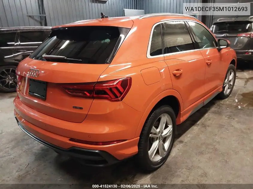 2021 Audi Q3 Premium 45 Tfsi S Line Quattro Tiptronic VIN: WA1DECF35M1012693 Lot: 41524130