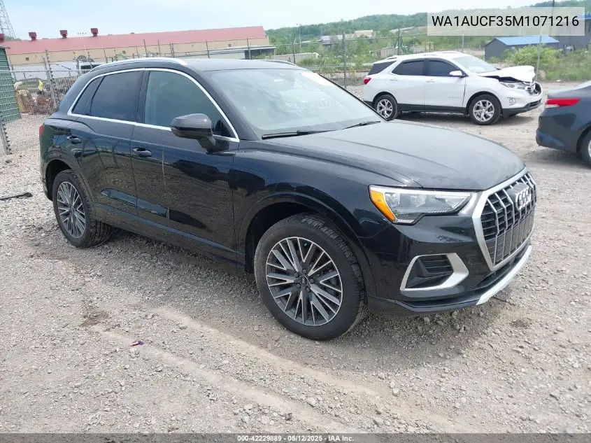 2021 Audi Q3 Premium 40 Tfsi Quattro Tiptronic VIN: WA1AUCF35M1071216 Lot: 42229889