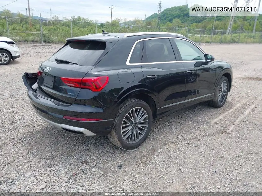 2021 Audi Q3 Premium 40 Tfsi Quattro Tiptronic VIN: WA1AUCF35M1071216 Lot: 42229889