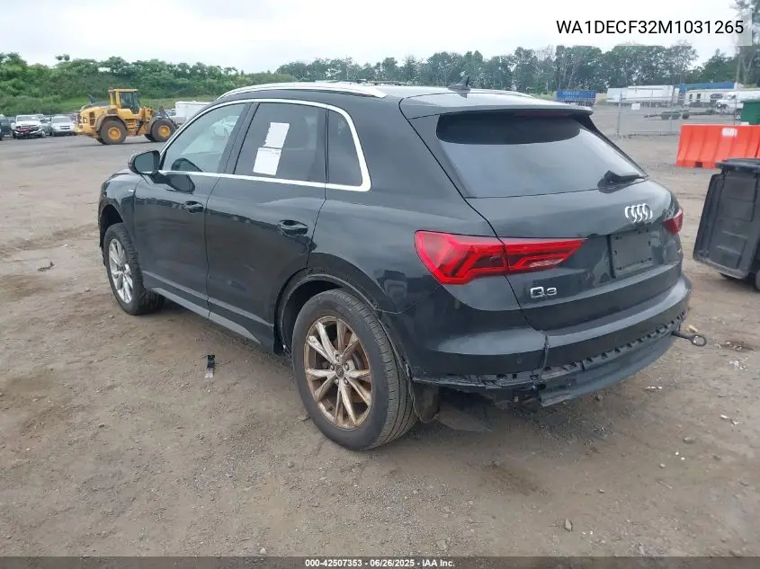 2021 Audi Q3 Premium 45 Tfsi S Line Quattro Tiptronic VIN: WA1DECF32M1031265 Lot: 42507353