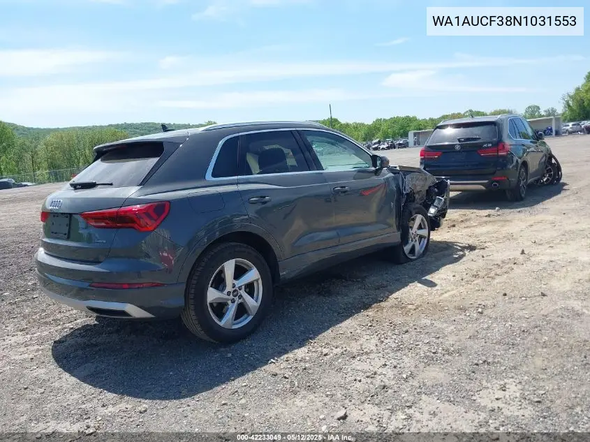 2022 Audi Q3 Premium 40 Tfsi Quattro Tiptronic VIN: WA1AUCF38N1031553 Lot: 42233049