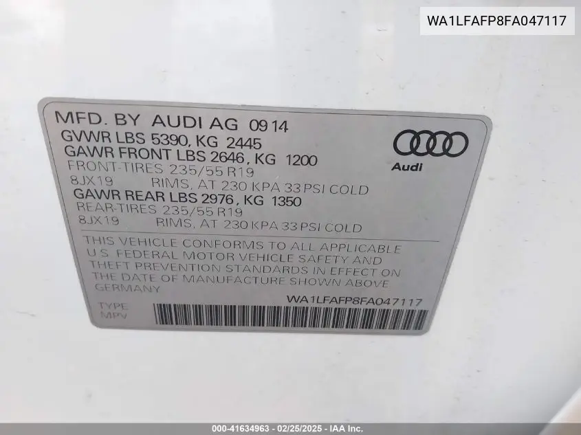 2015 Audi Q5 2.0T Premium VIN: WA1LFAFP8FA047117 Lot: 41634963