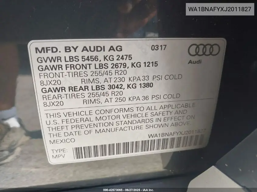2018 Audi Q5 Premium Plus VIN: WA1BNAFYXJ2011827 Lot: 42573065