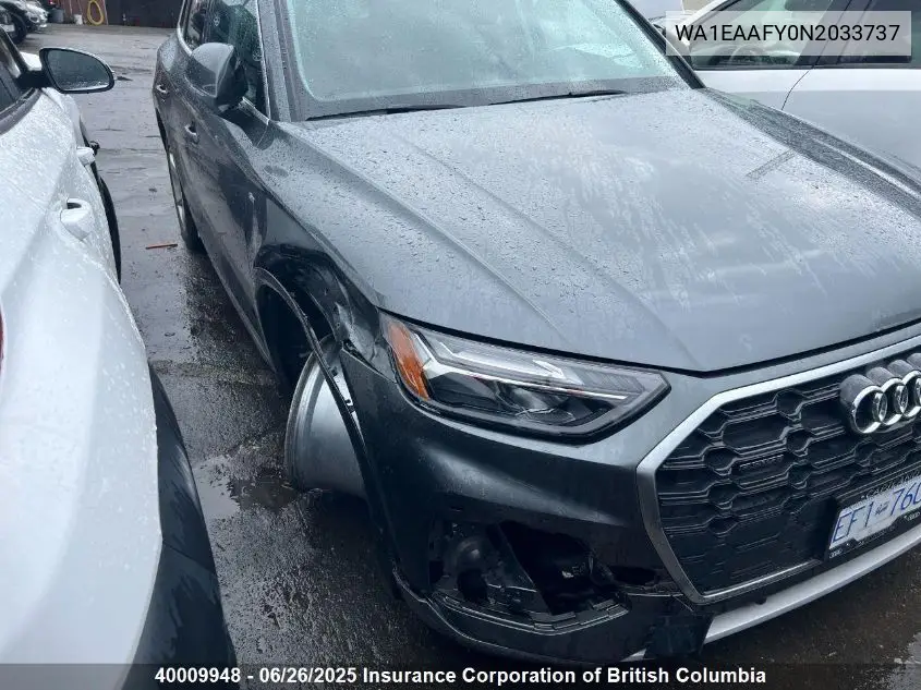 2022 Audi Q5 VIN: WA1EAAFY0N2033737 Lot: 40009948