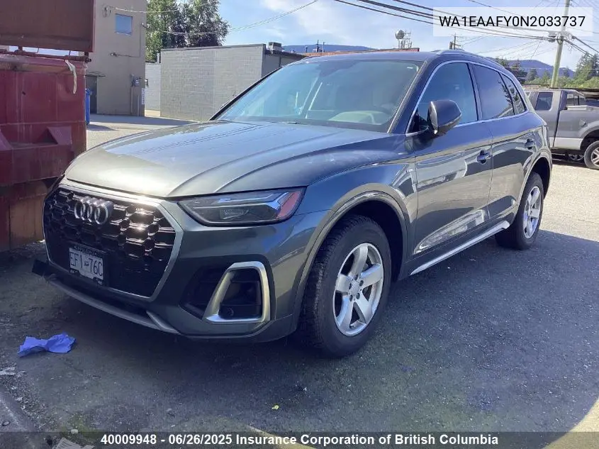 2022 Audi Q5 VIN: WA1EAAFY0N2033737 Lot: 40009948
