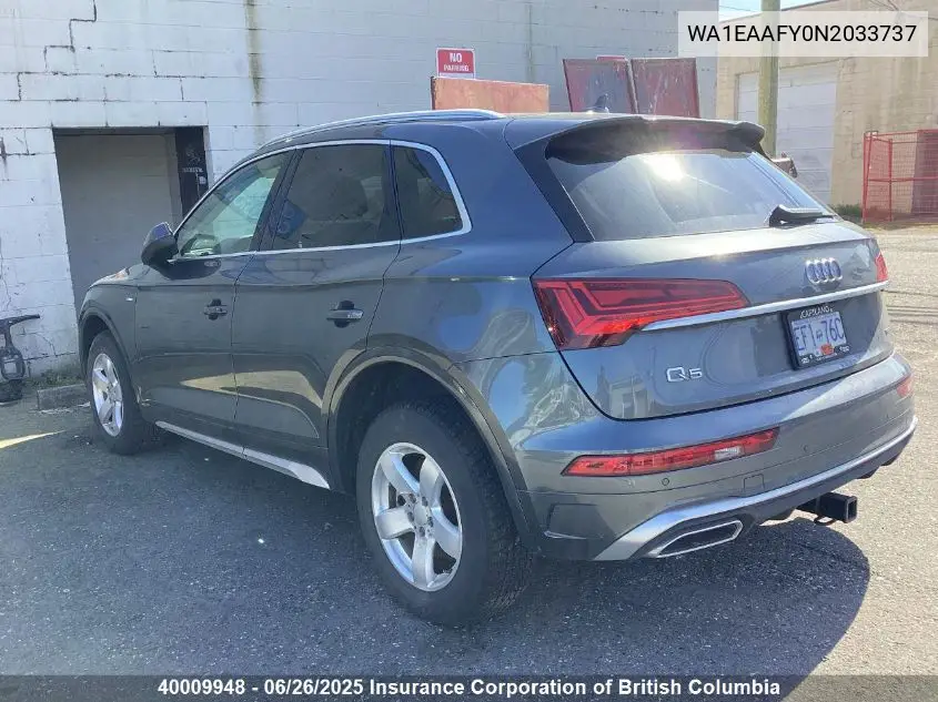 2022 Audi Q5 VIN: WA1EAAFY0N2033737 Lot: 40009948