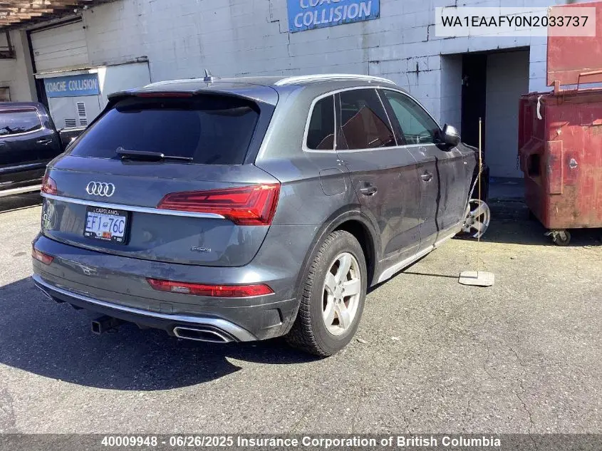 2022 Audi Q5 VIN: WA1EAAFY0N2033737 Lot: 40009948