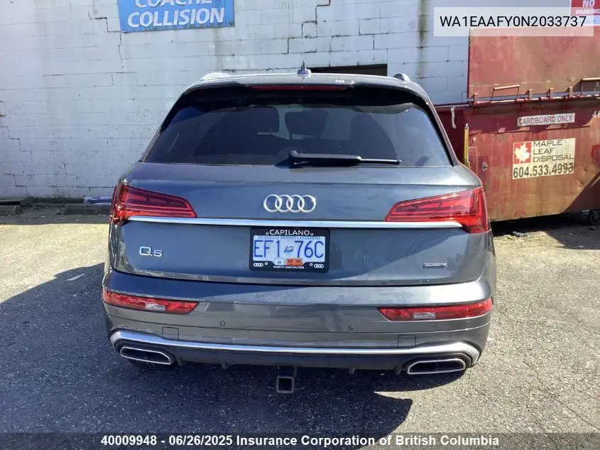 2022 Audi Q5 VIN: WA1EAAFY0N2033737 Lot: 40009948