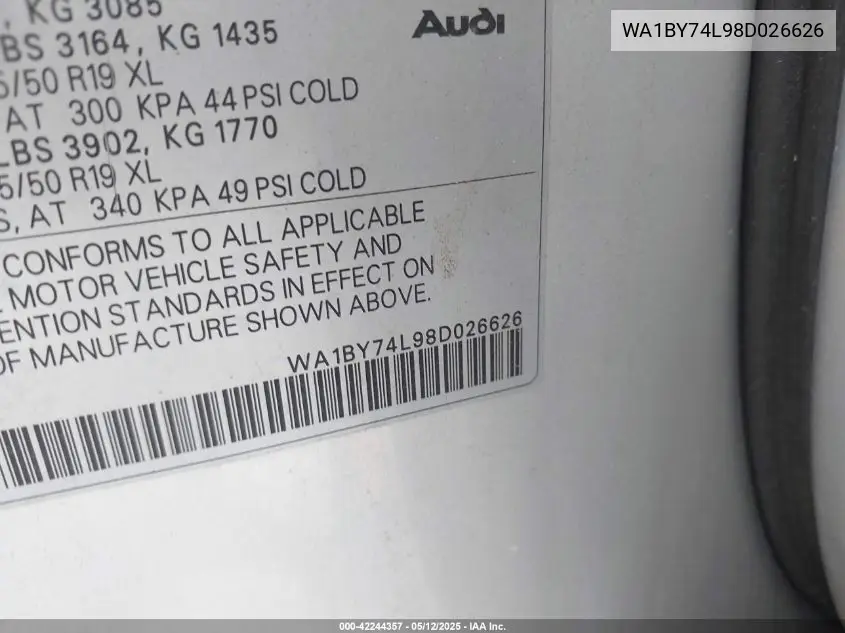 2008 Audi Q7 3.6 Premium VIN: WA1BY74L98D026626 Lot: 42244357