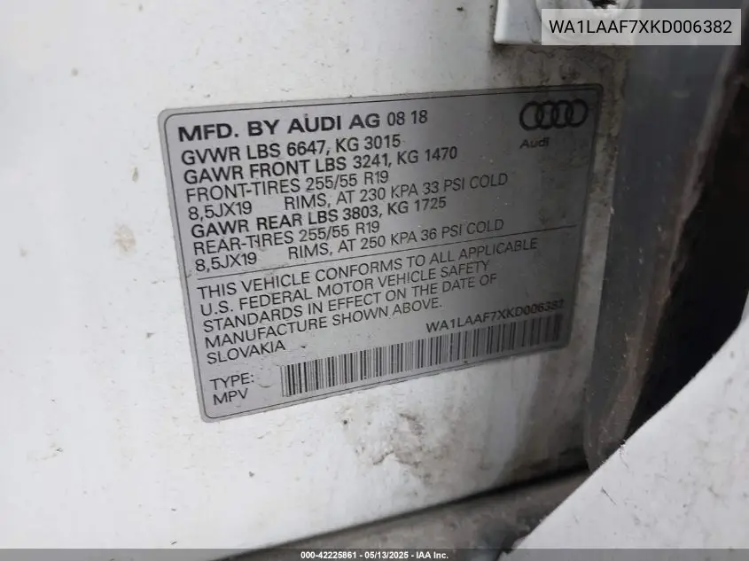 2019 Audi Q7 55 Premium/55 Se Premium VIN: WA1LAAF7XKD006382 Lot: 42225861