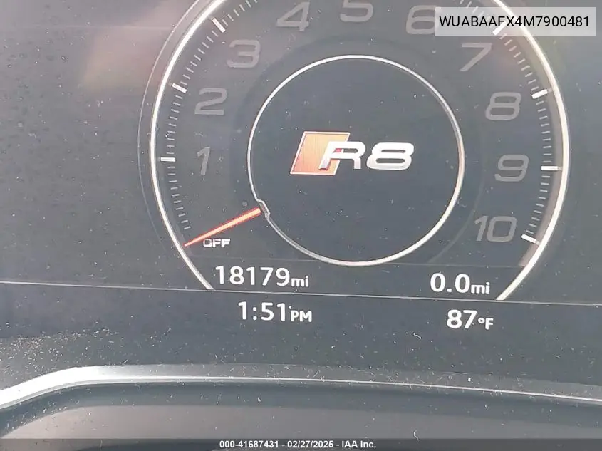 2021 Audi R8 V10 Rwd S Tronic VIN: WUABAAFX4M7900481 Lot: 41687431
