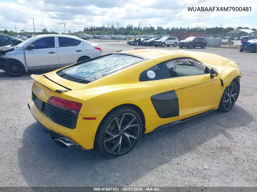 2021 Audi R8 V10 Rwd S Tronic VIN: WUABAAFX4M7900481 Lot: 41687431