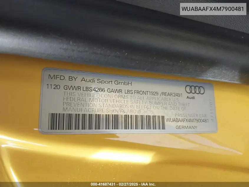 2021 Audi R8 V10 Rwd S Tronic VIN: WUABAAFX4M7900481 Lot: 41687431