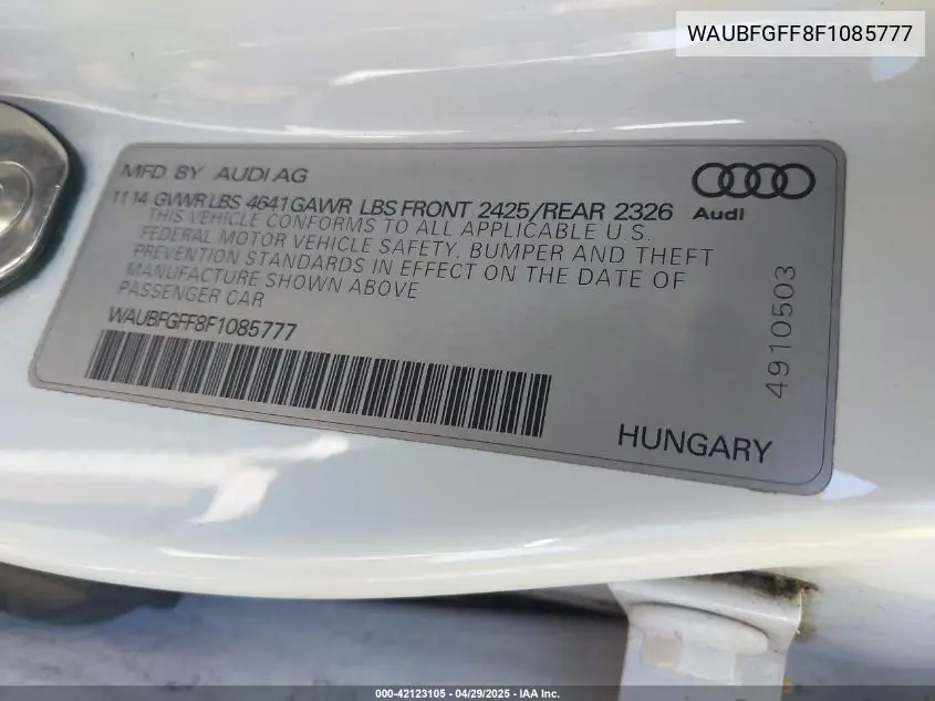 2015 Audi S3 2.0T Premium Plus VIN: WAUBFGFF8F1085777 Lot: 42123105