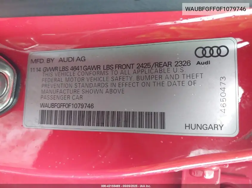 2015 Audi S3 2.0T Premium Plus VIN: WAUBFGFF0F1079746 Lot: 42155469