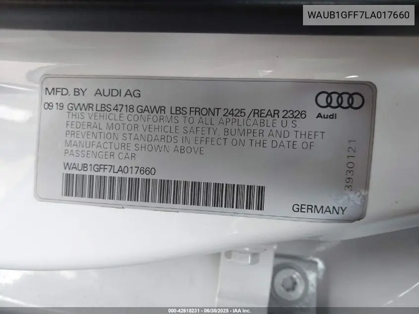 2020 Audi S3 Premium Tfsi Quattro S Tronic VIN: WAUB1GFF7LA017660 Lot: 42618231