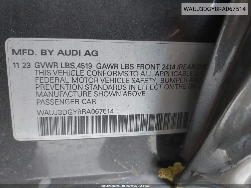 2024 Audi S3 Prestige Tfsi Quattro S Tronic VIN: WAUJ3DGY8RA067514 Lot: 42086328