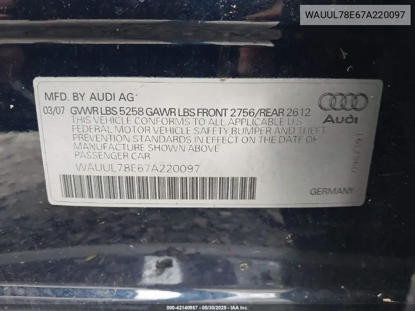 2007 Audi S4 4.2 Avant VIN: WAUUL78E67A220097 Lot: 42140957