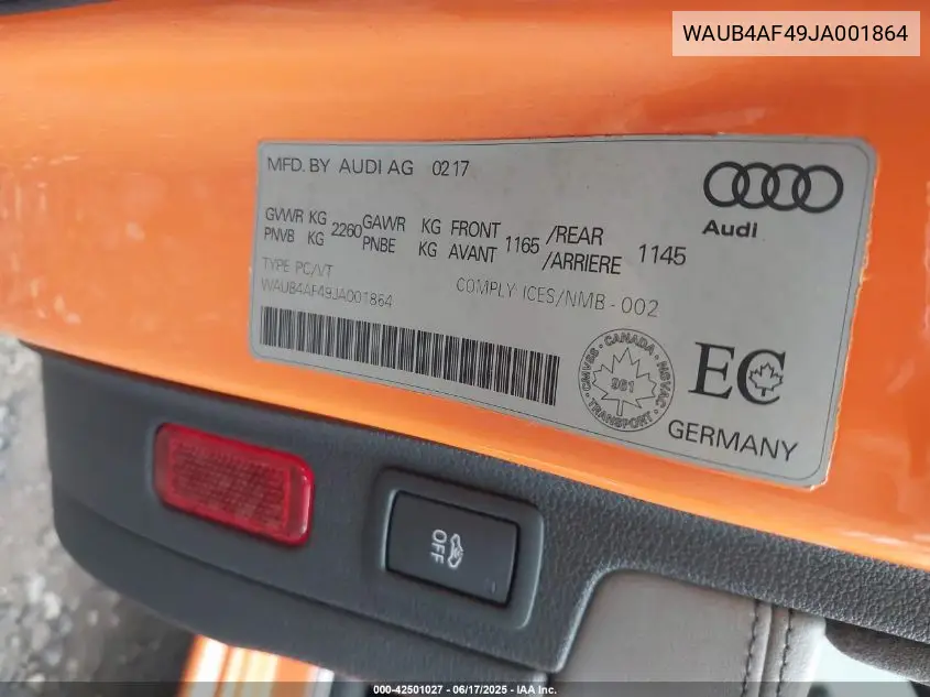2018 Audi S4 3.0T Premium Plus VIN: WAUB4AF49JA001864 Lot: 42501027