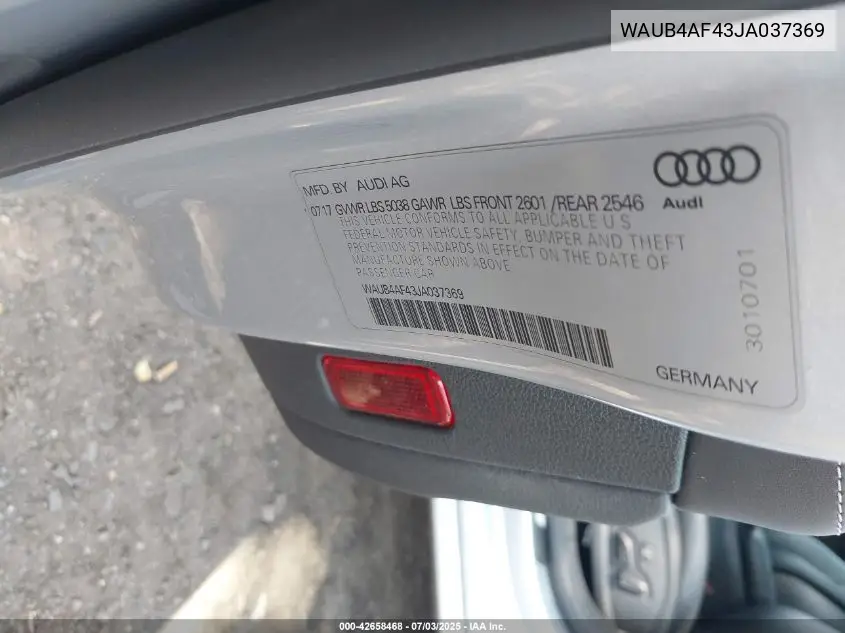 2018 Audi S4 3.0T Premium Plus VIN: WAUB4AF43JA037369 Lot: 42658468