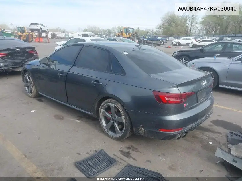 2019 Audi S4 3.0T Premium VIN: WAUB4AF47KA030040 Lot: 42021958