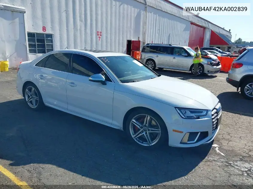 2019 Audi S4 3.0T Premium VIN: WAUB4AF42KA002839 Lot: 42356436
