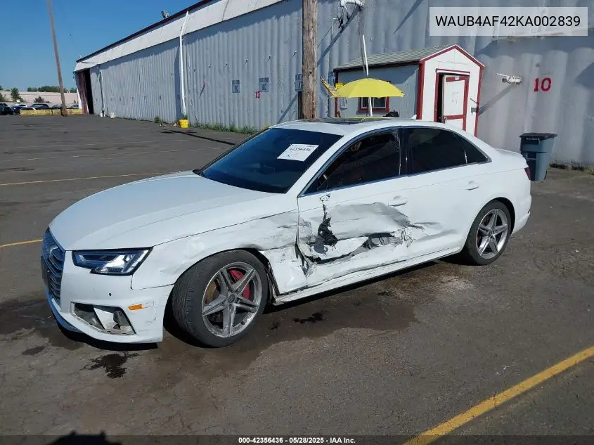 2019 Audi S4 3.0T Premium VIN: WAUB4AF42KA002839 Lot: 42356436