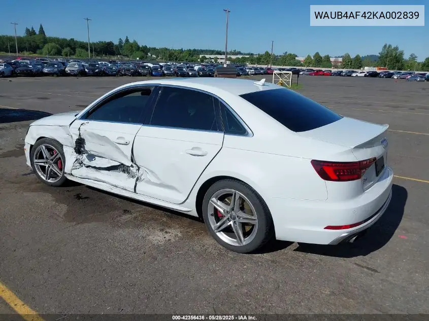 2019 Audi S4 3.0T Premium VIN: WAUB4AF42KA002839 Lot: 42356436