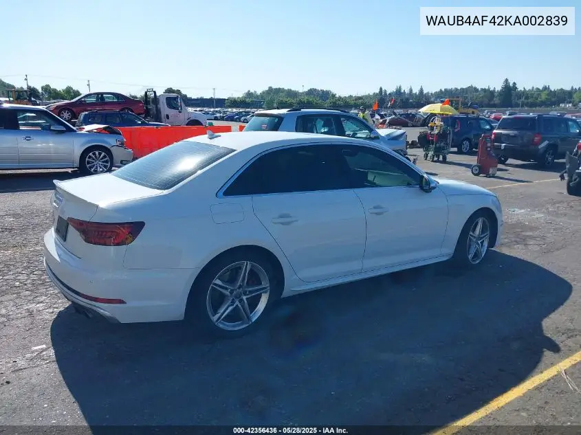 2019 Audi S4 3.0T Premium VIN: WAUB4AF42KA002839 Lot: 42356436